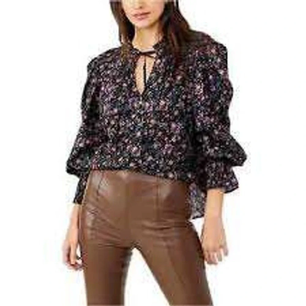Free People Blouse med floral meant to be black feminine puff sleeve romantic ec